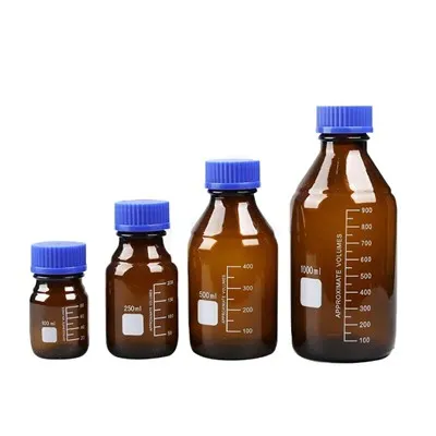 Boroszilikát borostyánsárga üveg adathordozó palack műanyag kék csavaros kupakkal