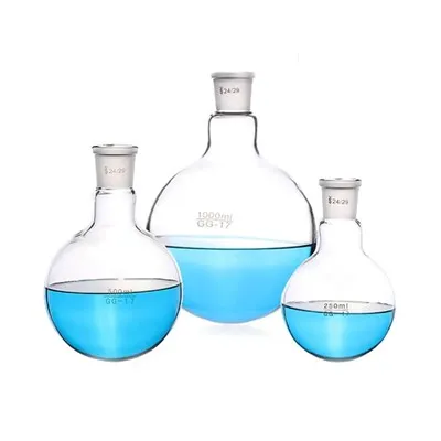 Pyrex üveg, gömbölyű aljú, rövid nyakú szabványos, őrölt szájú főzőlombik